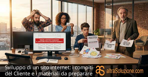Un team di sviluppatori web disperato di fronte a un monitor con errori e a un cliente confuso che fornisce disegni infantili e testi 'fate voi, mi fido!' come materiali per il sito