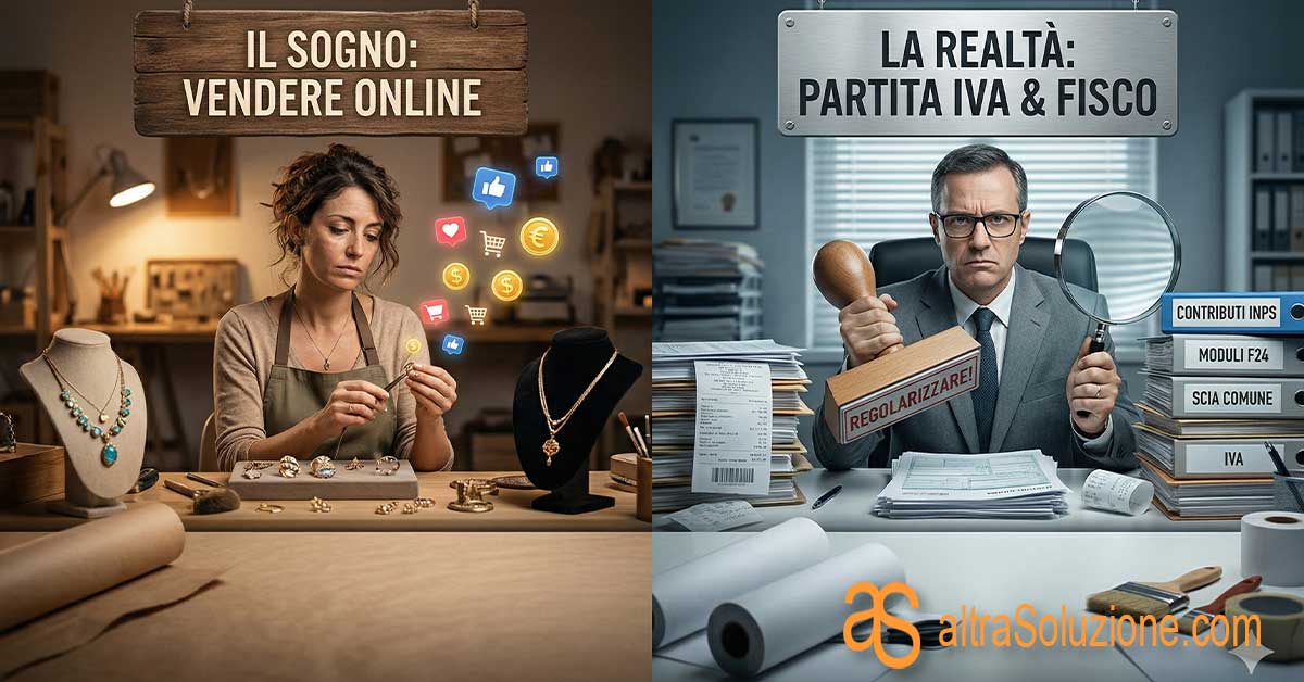 Artigiana sognante che vende gioielli online con icone social, contrapposta a un burocrate severo con pile di moduli fiscali