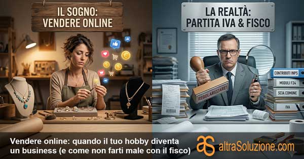 Artigiana sognante che vende gioielli online con icone social, contrapposta a un burocrate severo con pile di moduli fiscali
